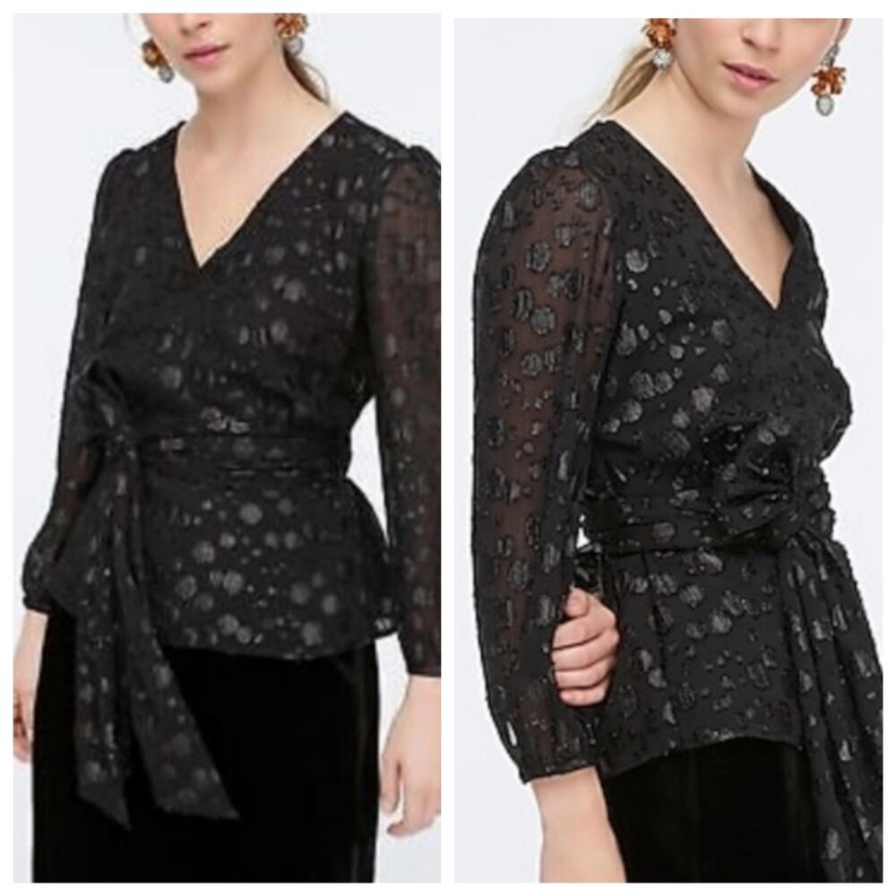 J. Crew Black Polka Metallic Dot Jacquard Blouse V-Neckline Tie Waist